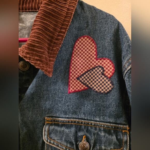 Vtg 90s Corduroy Denim Bird House Heart Embroidered Shacket Chore Coat L - Picture 3 of 9